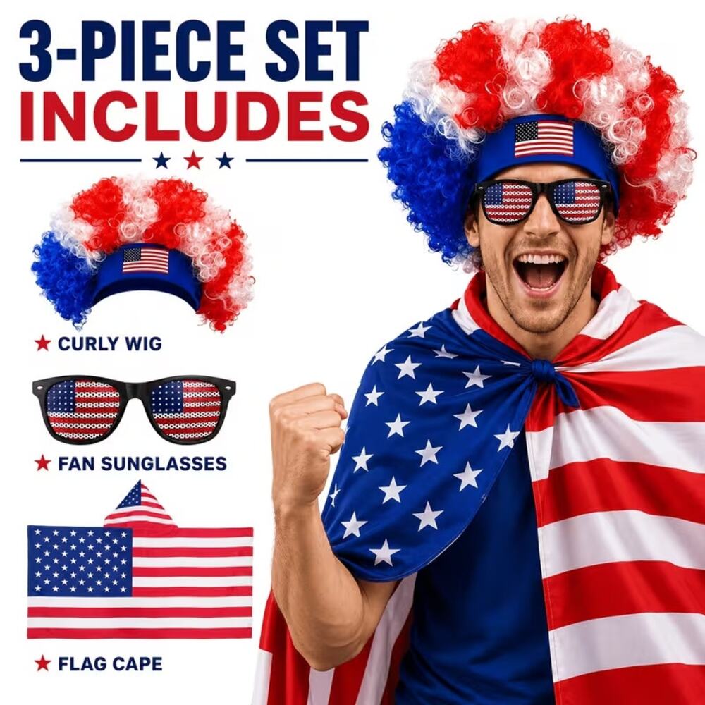 USA Soccer Fan Costume Kit Blue White Wig, Flag Sunglasses World Halloween New